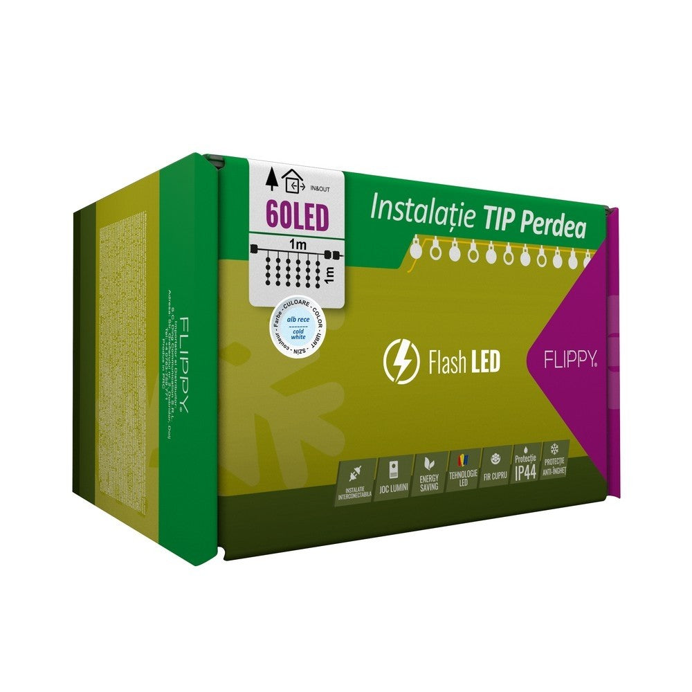 Instalatie Craciun, Tip Perdea, IP44, 1 m x 1 m, 60 LED-uri, Alb rece, cu flash, Transformator, Interconectabila, Prelungitor 5 m inclus, Fir transparent, Interior/ Exterior