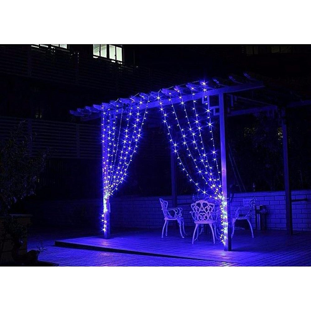 Instalatie Craciun, Tip Perdea, IP44, 1 m x 1 m, 60 LED-uri, Albastru, cu flash, Transformator, Interconectabila, Prelungitor 5 m inclus, Fir transparent, Interior/ Exterior