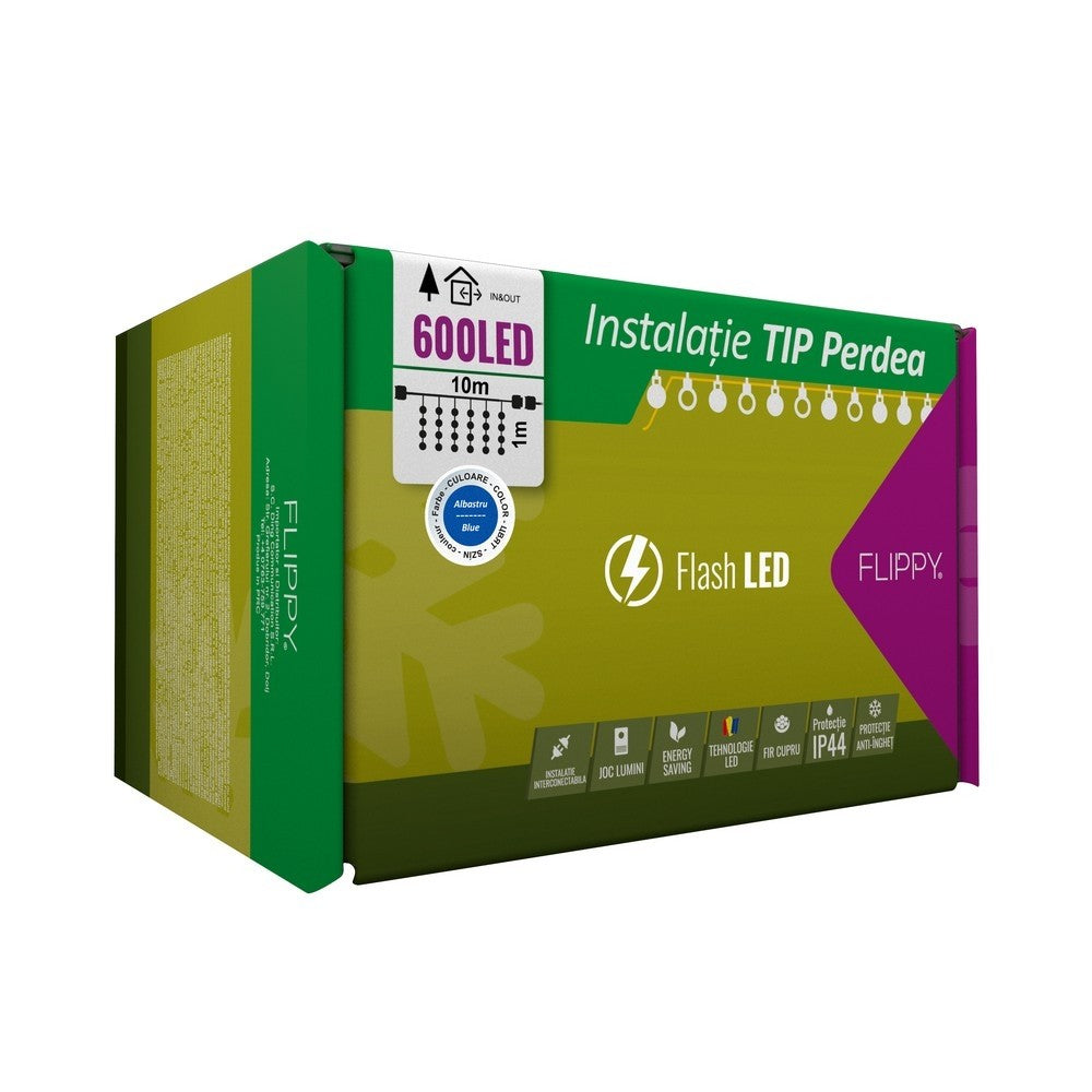 Instalatie Craciun, Tip Perdea, IP44, 10 m x 1 m, 600 LED-uri, Albastru, cu flash, Transformator, Interconectabila, Prelungitor 5 m inclus, Fir transparent, Interior/ Exterior