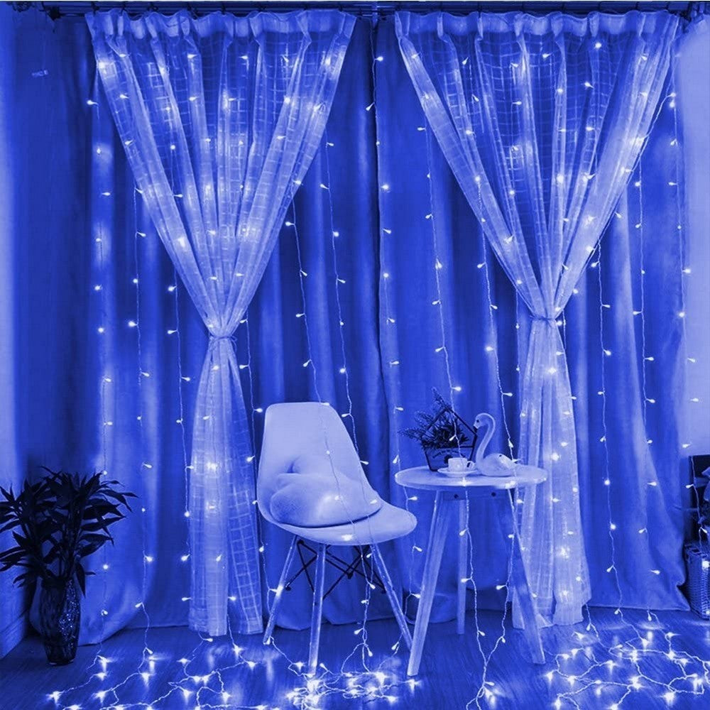 Instalatie Craciun, Tip Perdea, IP44, 10 m x 2 m, 1200 LED-uri, Albastru, 8 jocuri de lumini, Transformator, Interconectabila, Prelungitor 3 m inclus, Fir transparent, Interior/ Exterior