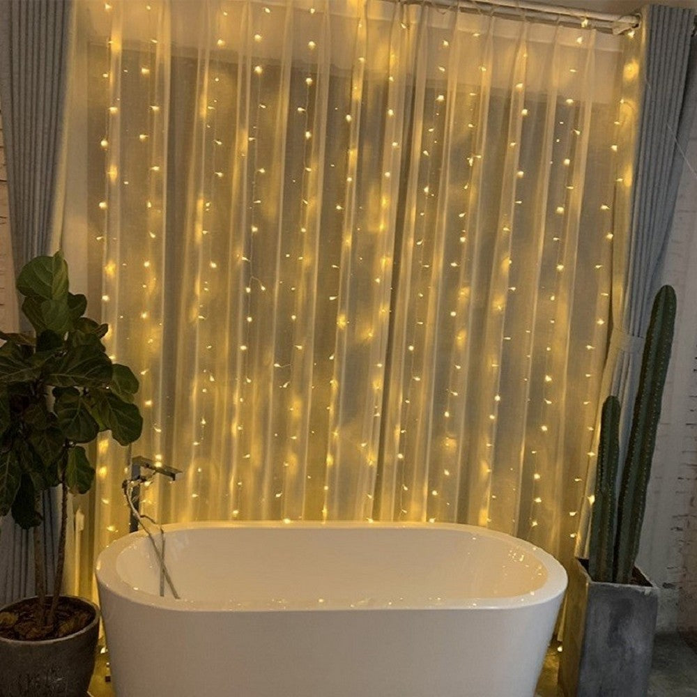 Instalatie Craciun, Tip Perdea, IP44, 13 m x 1 m, 780 LED-uri, Alb cald, 8 jocuri de lumini, Transformator, Interconectabila, Prelungitor 5 m inclus, Fir transparent, Interior/ Exterior
