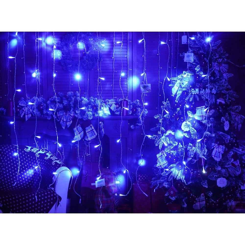 Instalatie Craciun, Tip Perdea, IP44, 14 m x 1 m, 840 LED-uri, Albastru, cu flash, Transformator cu telecomanda, Interconectabila, Prelungitor 5 m inclus, Fir transparent, Interior/ Exterior
