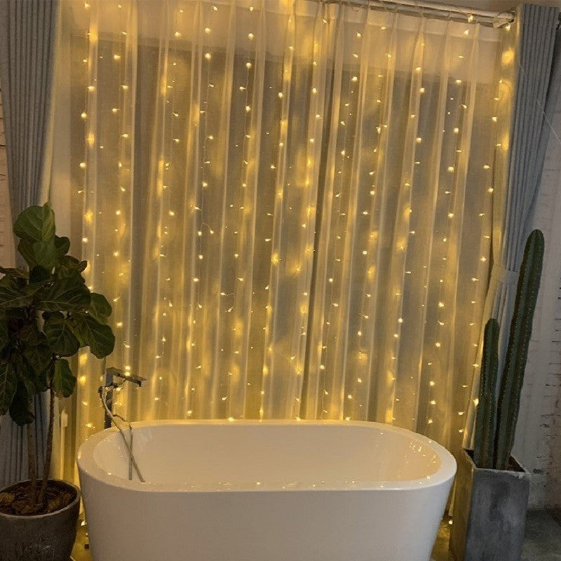 Instalatie Craciun, Tip Perdea, IP44, 2 m x 1 m, 120 LED-uri, Alb cald, cu flash, Transformator, Interconectabila, Prelungitor 5 m inclus, Fir transparent, Interior/ Exterior