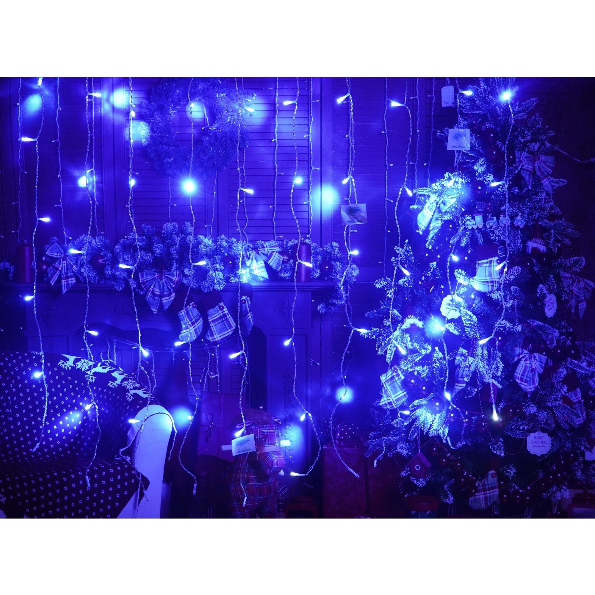 Instalatie Craciun, Tip Perdea, IP44, 2 m x 1 m, 120 LED-uri, Albastru, cu flash, Transformator cu telecomanda, Interconectabila, Prelungitor 5 m inclus, Fir transparent, Interior/ Exterior