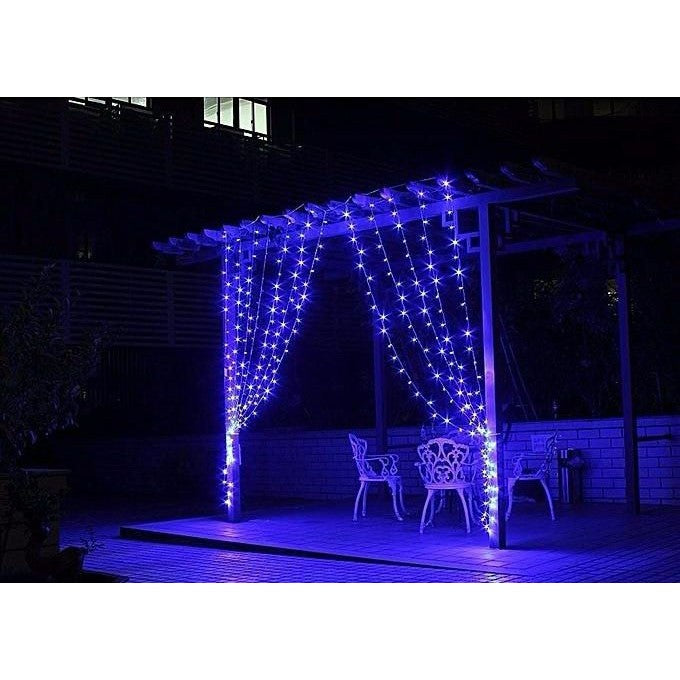 Instalatie Craciun, Tip Perdea, IP44, 2 m x 1 m, 120 LED-uri, Albastru, cu flash, Transformator, Interconectabila, Prelungitor 5 m inclus, Fir transparent, Interior/ Exterior
