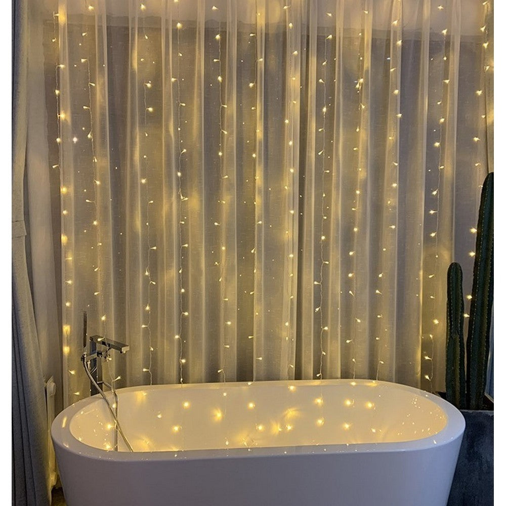 Instalatie Craciun, Tip Perdea, IP44, 2 m x 2 m, 240 LED-uri, Alb cald, 8 jocuri de lumini, Transformator cu telecomanda, Interconectabila, Prelungitor 5 m inclus, Fir transparent, Interior/ Exterior
