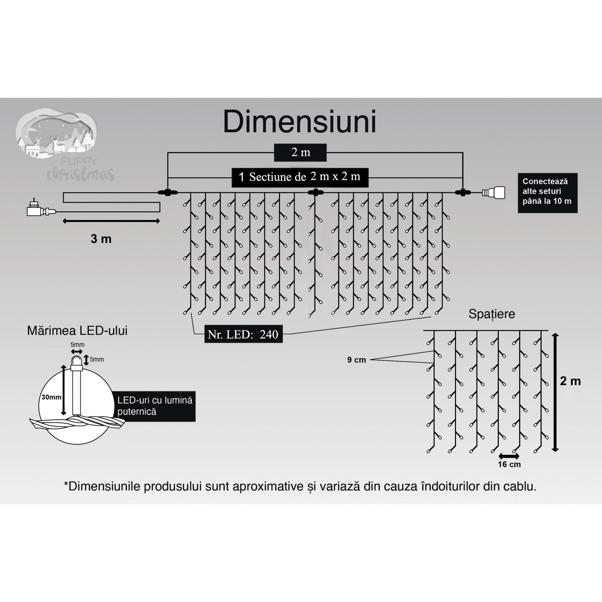 Instalatie Craciun, Tip Perdea, IP44, 2 m x 2 m, 240 LED-uri, Alb rece, 8 jocuri de lumini, Transformator, Interconectabila, Prelungitor 3 m inclus, Fir transparent, Interior/ Exterior