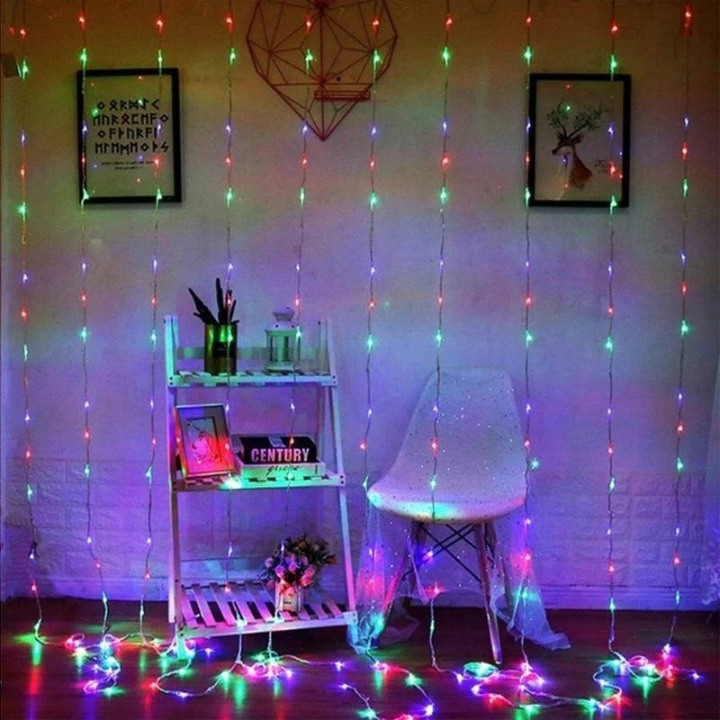 Instalatie Craciun, Tip Perdea IP44, 3m x 1m, 100 Led-uri, Multicolor, USB si telecomanda cu 8 functii