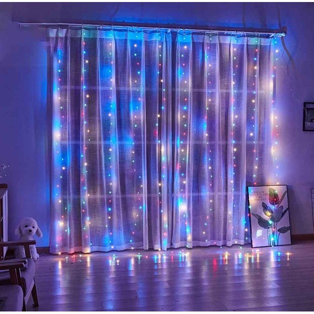 Instalatie Craciun, Tip Perdea IP44, 3m x 1m, 100 Led-uri, Multicolor, USB si telecomanda cu 8 functii
