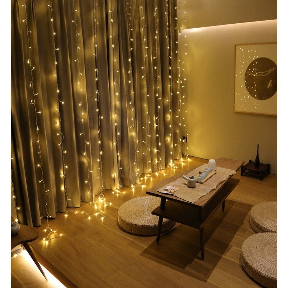 Instalatie Craciun, Tip Perdea, IP44, 4 m x 2 m, 480 LED-uri, Alb cald, 8 jocuri de lumini, Transformator cu telecomanda, Interconectabila, Prelungitor 5 m inclus, Fir transparent, Interior/ Exterior