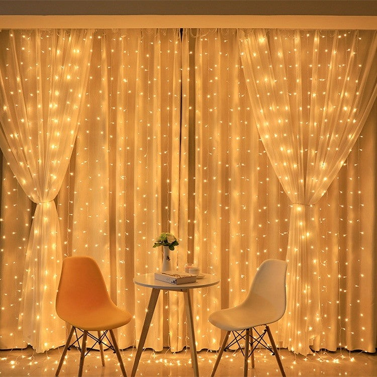 Instalatie Craciun, Tip Perdea, IP44, 4 m x 2 m, 480 LED-uri, Alb cald, 8 jocuri de lumini, Transformator, Interconectabila, Prelungitor 5 m inclus, Fir transparent, Interior/ Exterior