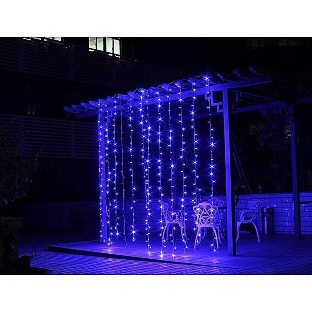 Instalatie Craciun, Tip Perdea, IP44, 4 m x 2 m, 480 LED-uri, Albastru, cu flash, Transformator, Interconectabila, Prelungitor 3 m inclus, Fir transparent, Interior/ Exterior