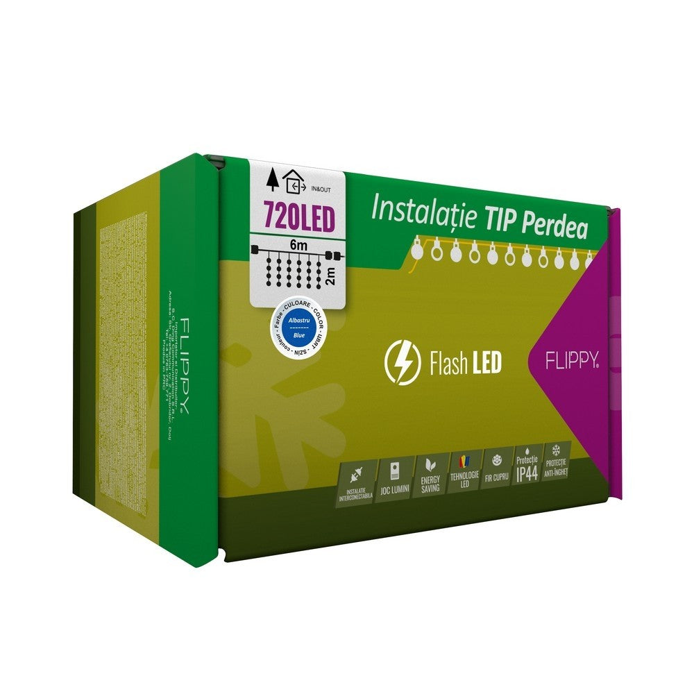 Instalatie Craciun, Tip Perdea, IP44, 6 m x 2 m, 720 LED-uri, Albastru, cu flash, Transformator, Interconectabila, Prelungitor 3 m inclus, Fir transparent, Interior/ Exterior
