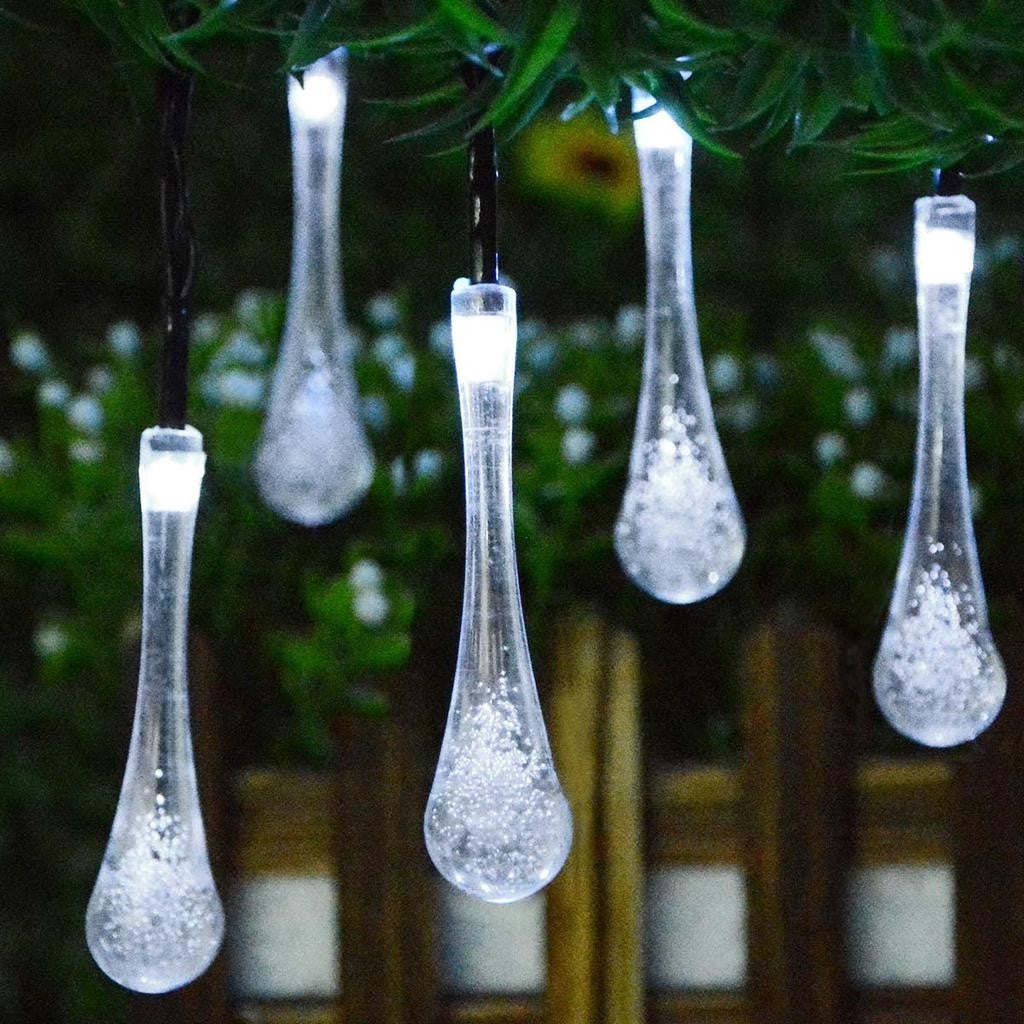 Instalatie Craciun, Tip Picaturi, 20 Led-uri, 5 metri, Alb rece, Energie solara, Senzor de lumina