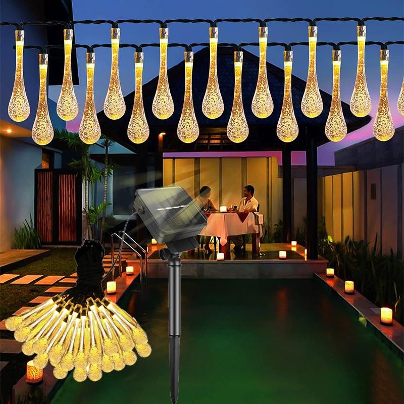 Instalatie Craciun, Tip Picaturi de apa, 20 Led-uri, 5 metri, Alb cald, Energie solara, Senzor de lumina