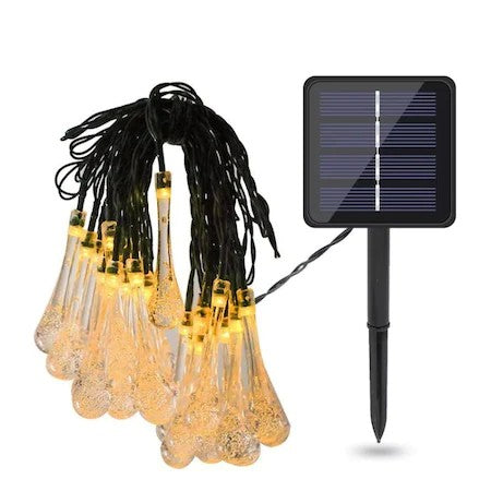 Instalatie Craciun, Tip Picaturi de apa, 20 Led-uri, 5 metri, Alb cald, Energie solara, Senzor de lumina