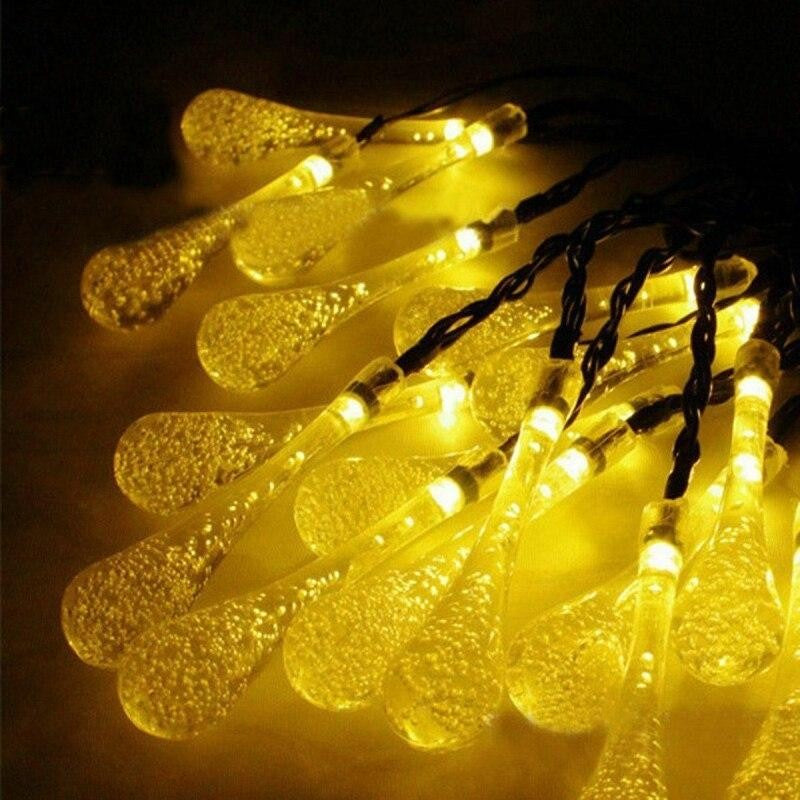 Instalatie Craciun, Tip Picaturi de apa, 20 Led-uri, 5 metri, Alb cald, Energie solara, Senzor de lumina