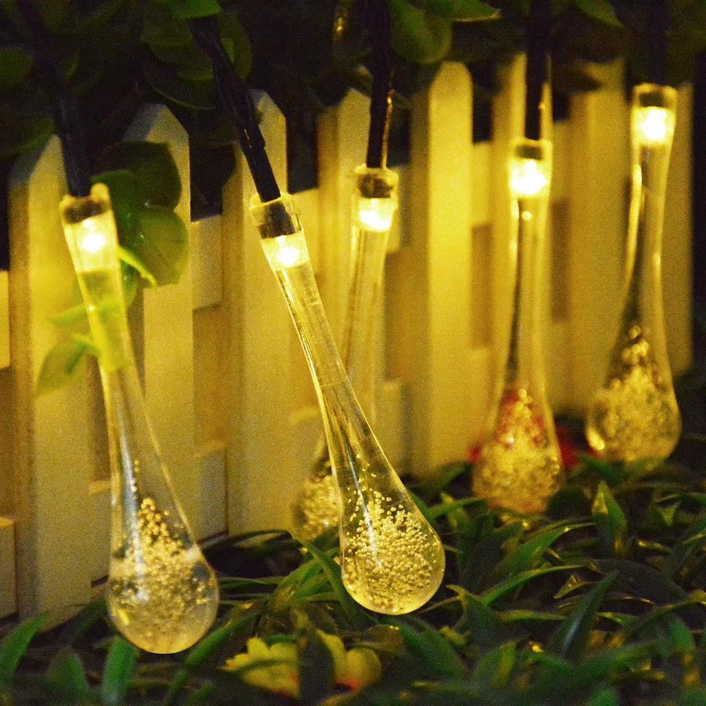 Instalatie Craciun, Tip Picaturi de apa, 20 Led-uri, 5 metri, Alb cald, Energie solara, Senzor de lumina