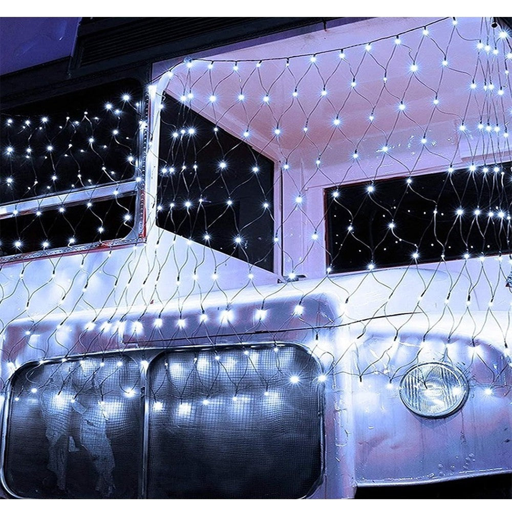 Instalatie Craciun, Tip Plasa, 12 m x 1.5 m, 960 LED-uri, Alb rece, 8 jocuri de lumini, Transformator cu telecomanda, Interconectabila, Prelungitor 3 m inclus, Fir transparent