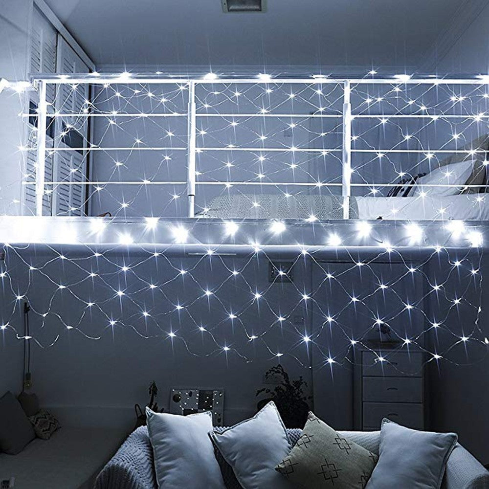 Instalatie Craciun, Tip Plasa, 12 m x 1.5 m, 960 LED-uri, Alb rece, 8 jocuri de lumini, Transformator cu telecomanda, Interconectabila, Prelungitor 3 m inclus, Fir transparent