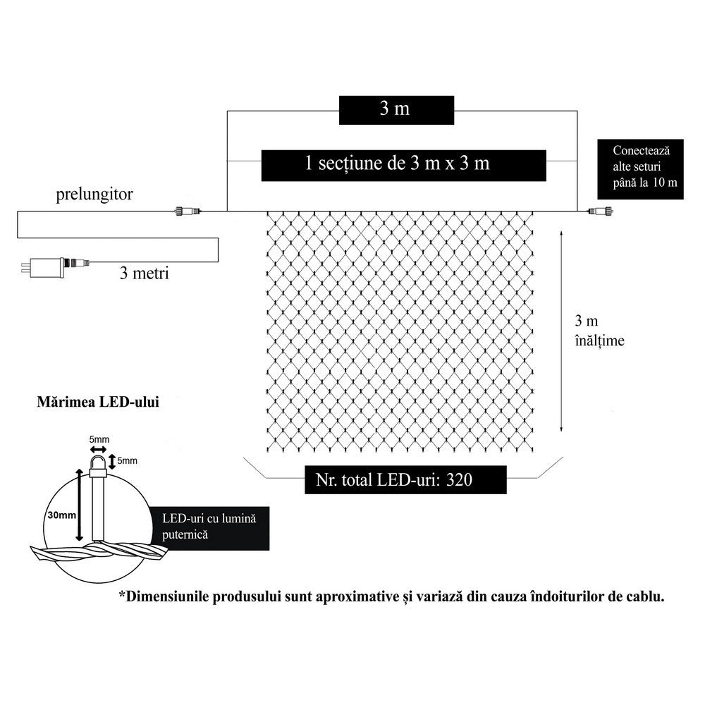 Instalatie Craciun, Tip Plasa, 3 m x 3 m, 320 LED-uri, Alb cald, 8 jocuri de lumini, Transformator cu telecomanda, Interconectabila, Prelungitor 3 m inclus, Fir transparent