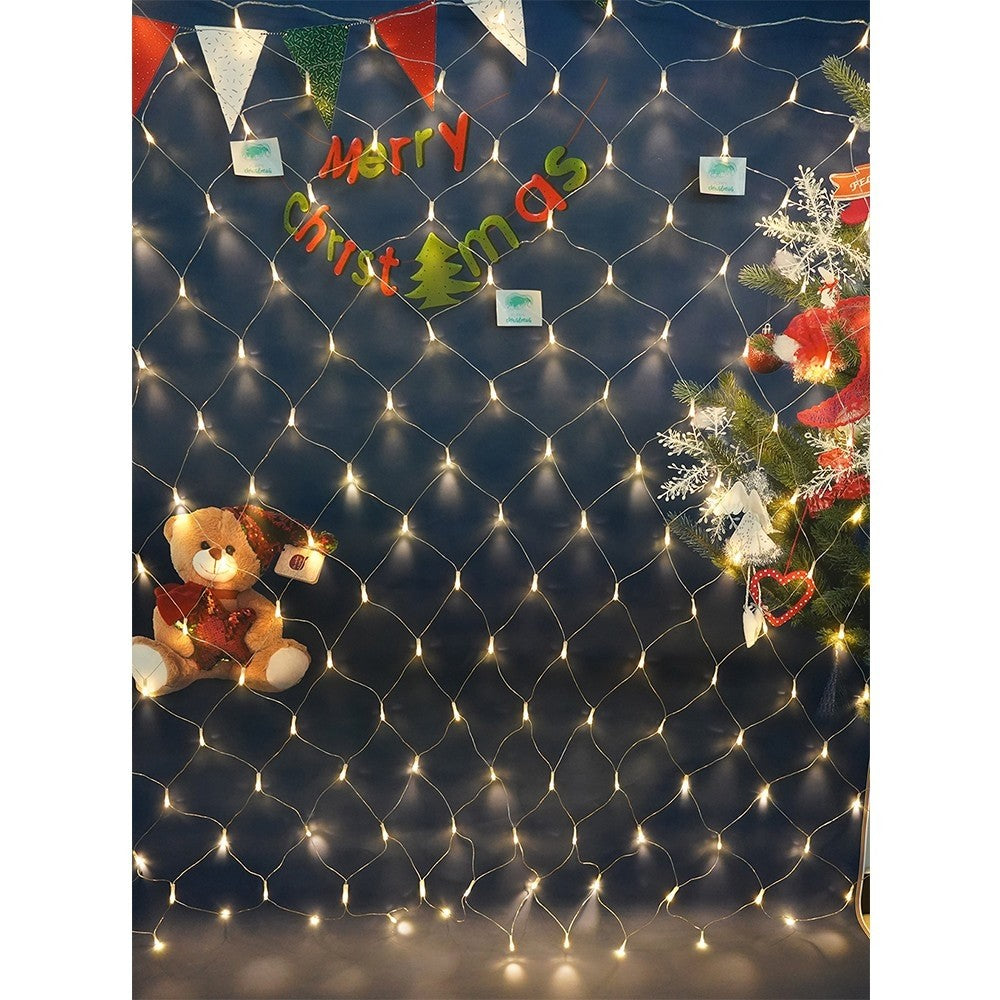 Instalatie Craciun, Tip Plasa, 6 m x 1.5 m, 480 LED-uri, Alb cald, 8 jocuri de lumini, Transformator cu telecomanda, Interconectabila, Prelungitor 3 m inclus, Fir transparent