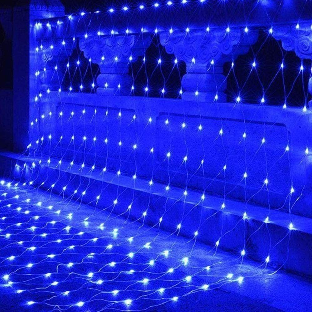 Instalatie Craciun, Tip Plasa, IP 44, 12 x 1 m, 480 LED-uri, Albastru, 8 jocuri de lumini, Transformator fara telecomanda, Interconectabila, Prelungitor 3 m inclus, Fir transparent