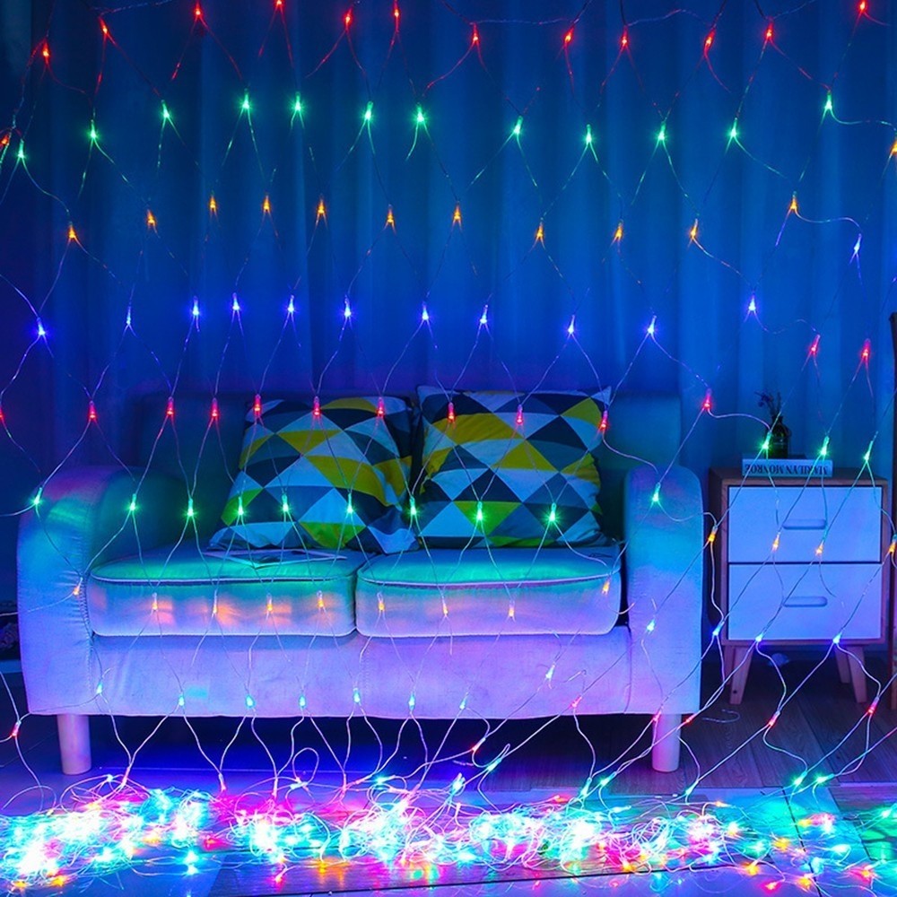 Instalatie Craciun, Tip Plasa, IP 44, 12 x 1 m, 480 LED-uri, Multicolor, 8 jocuri de lumini, Transformator fara telecomanda, Interconectabila, Prelungitor 5 m inclus, Fir transparent