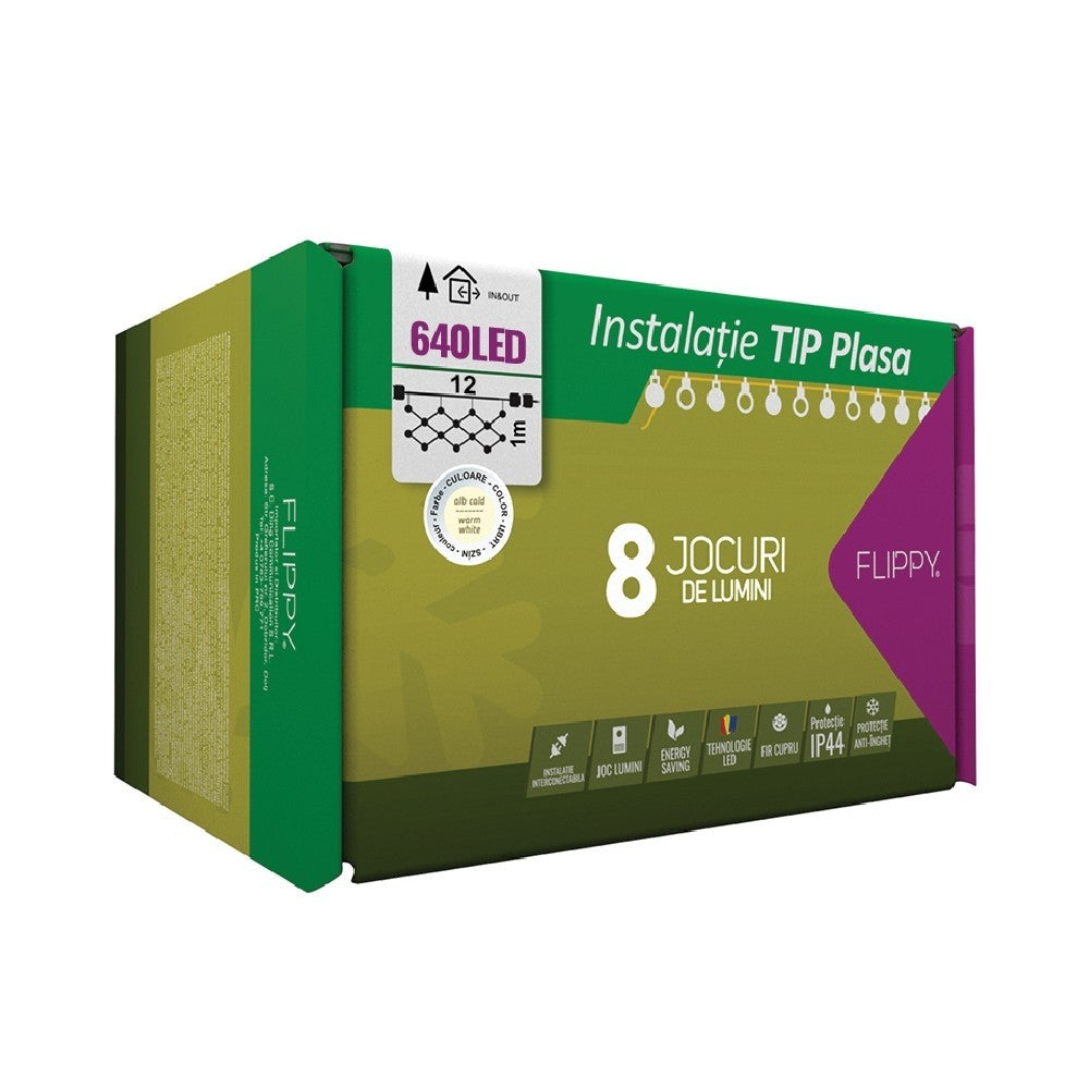 Instalatie Craciun, Tip Plasa, IP 44, 12 x 1 m, 640 LED-uri, Alb cald, 8 jocuri de lumini, Transformator cu telecomanda, Interconectabila, Prelungitor 3 m inclus, Fir transparent