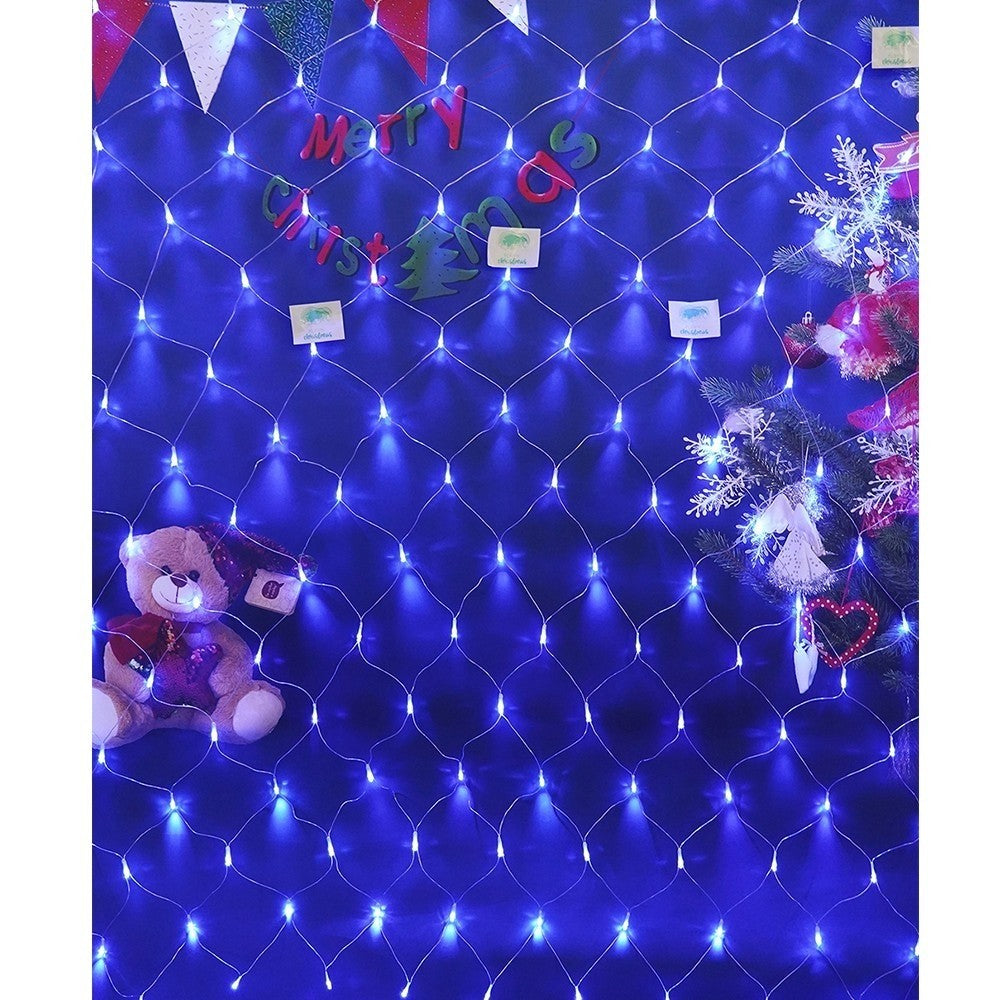 Instalatie Craciun, Tip Plasa, IP 44, 8 x 1 m, 320 LED-uri, Albastru, 8 jocuri de lumini, Transformator fara telecomanda, Interconectabila, Prelungitor 5 m inclus, Fir transparent