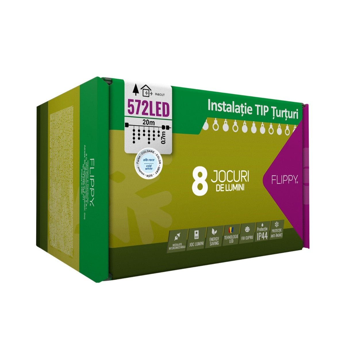 Instalatie Craciun Turturi, IP44, 20 m, 572 Led-uri,Perdea Franjurata, Alb rece, 8 jocuri de lumini, Transformator 31 V, Putere 9 W, Interconectabila, Interior/Exterior, Prelungitor 3 m inclus, Fir Transparent