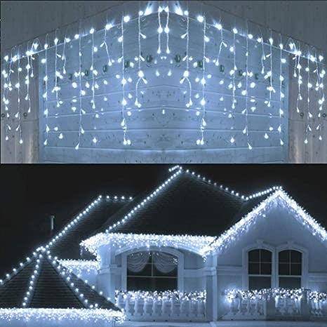 Instalatie Craciun Turturi, IP44, 20 m, 572 Led-uri,Perdea Franjurata, Albastru, 8 jocuri de lumini, Transformator 31 V, Putere 9 W, Interconectabila, Interior/Exterior, Prelungitor 3 m inclus, Fir Transparent