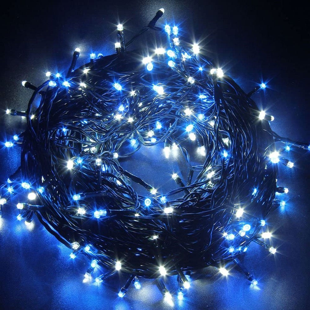 Instalatie Craciun Turturi, IP44, 30 m, 858 Led-uri,Perdea Franjurata, Albastru, 8 jocuri de lumini, Transformator 31 V, Putere 9 W, Interconectabila, Interior/Exterior, Prelungitor 3 m inclus, Fir Transparent