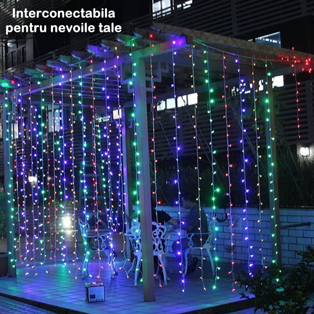 Instalatie Craciun, Tip Perdea, 2 m x 2 m, 240 LED-uri, Prelungitor 1.5 m, 8 Jocuri de Lumini, Interconectabila, Fir transparent, Interior/Exterior, Multicolor