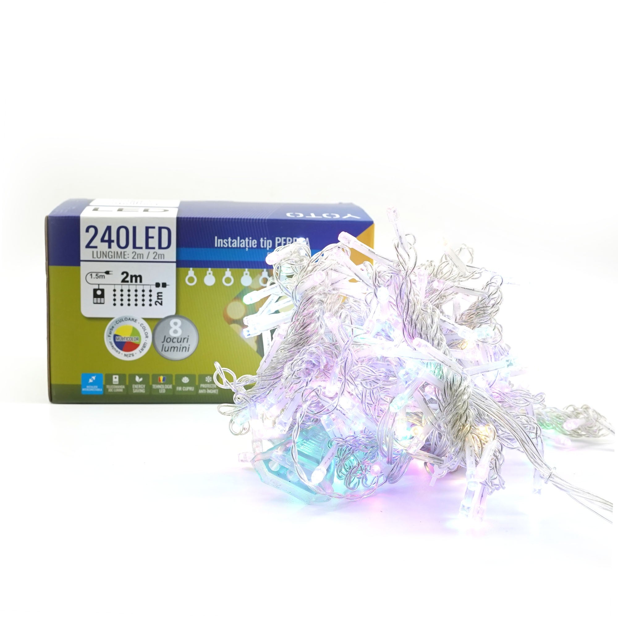 Instalatie Craciun, Tip Perdea, 2 m x 2 m, 240 LED-uri, Prelungitor 1.5 m, 8 Jocuri de Lumini, Interconectabila, Fir transparent, Interior/Exterior, Multicolor
