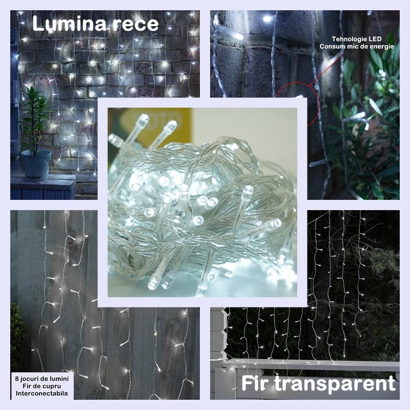 Instalatie Craciun, Tip Perdea, 3 m x 2 m, 240 LED-uri, Prelungitor 1.5 m, 8 Jocuri de Lumini, Interconectabila, Fir transparent, Interior/Exterior, Alb Rece