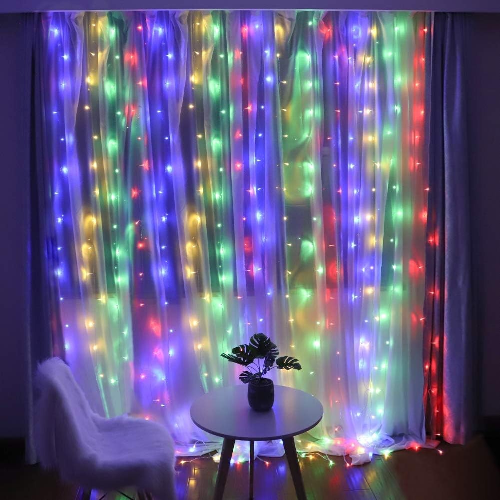Instalatie Craciun, Tip Perdea, 3 m x 3 m, 320 LED-uri, Prelungitor 1.5 m, 8 Jocuri de Lumini, Interconectabila, Fir transparent, Interior/Exterior, Multicolor