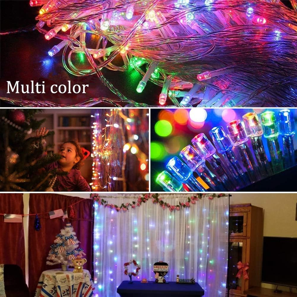Instalatie Craciun, Tip Perdea, 3 m x 3 m, 320 LED-uri, Prelungitor 1.5 m, 8 Jocuri de Lumini, Interconectabila, Fir transparent, Interior/Exterior, Multicolor