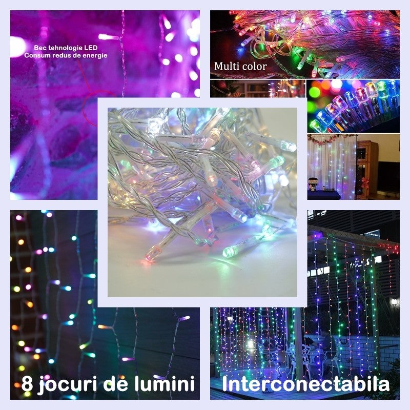 Instalatie Craciun, Tip Perdea, 3 m x 3 m, 320 LED-uri, Prelungitor 1.5 m, 8 Jocuri de Lumini, Interconectabila, Fir transparent, Interior/Exterior, Multicolor