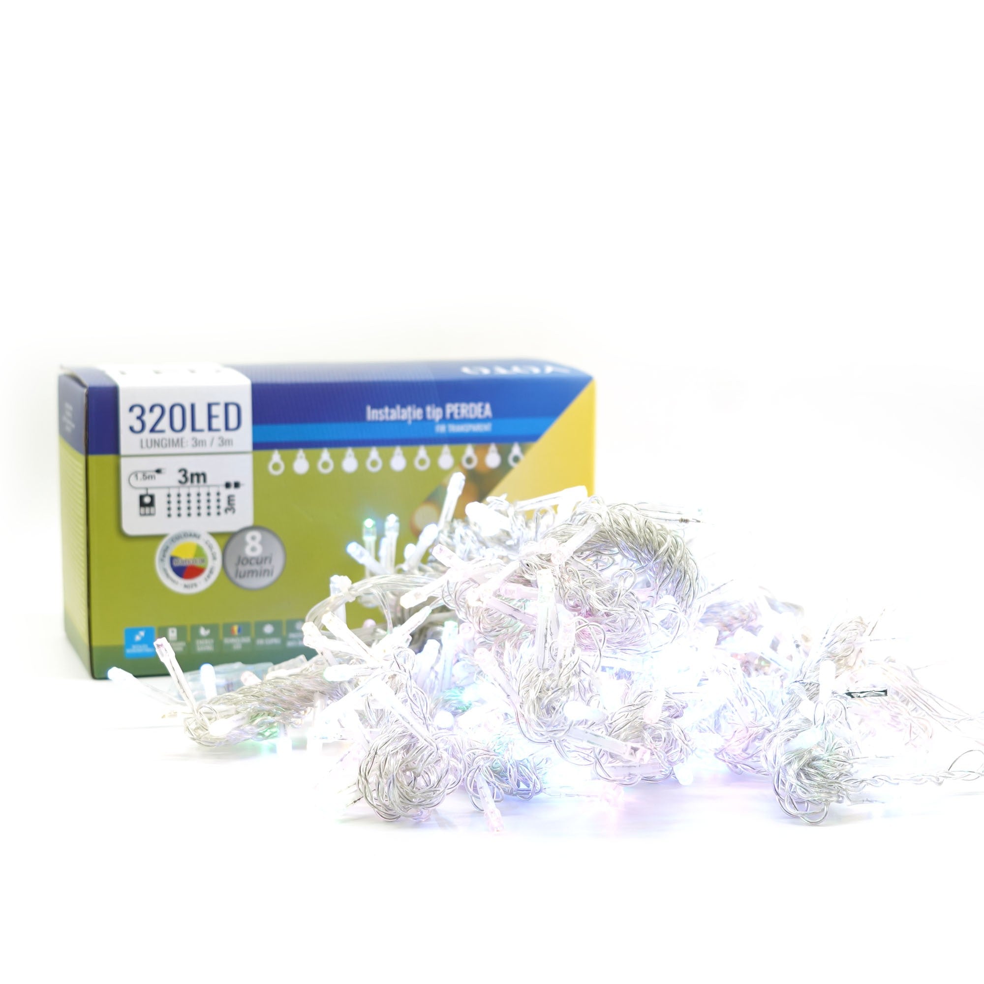 Instalatie Craciun, Tip Perdea, 3 m x 3 m, 320 LED-uri, Prelungitor 1.5 m, 8 Jocuri de Lumini, Interconectabila, Fir transparent, Interior/Exterior, Multicolor