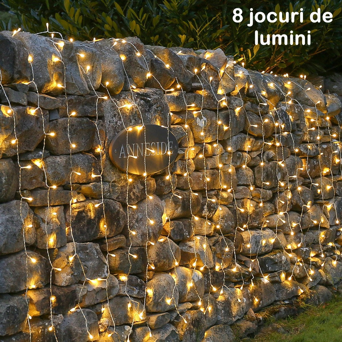 Instalatie Craciun, Tip Perdea, 3 m x 3 m, 320 LED-uri, Prelungitor 1.5 m, 8 Jocuri de Lumini, Interconectabila, Fir transparent, Interior/Exterior, Alb Cald