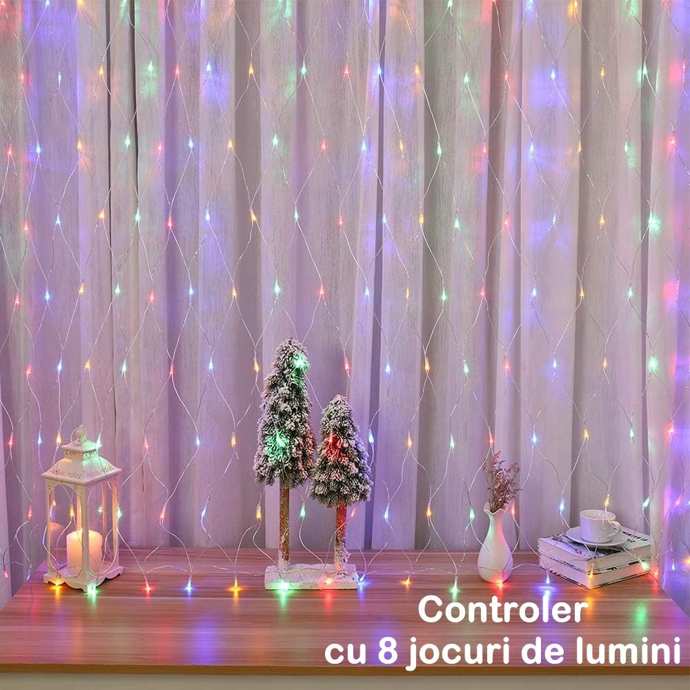 Instalatie Craciun, Tip Plasa, 1.5 m x 1.5 m, 120 LED-uri, Prelungitor 1.5 m, 8 Jocuri de Lumini, Interconectabila, Fir transparent, Interior/Exterior, Multicolor