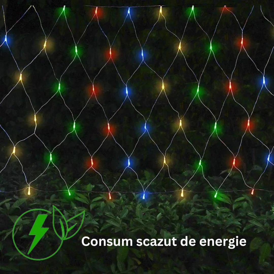 Instalatie Craciun, Tip Plasa, 1.5 m x 1.5 m, 120 LED-uri, Prelungitor 1.5 m, 8 Jocuri de Lumini, Interconectabila, Fir transparent, Interior/Exterior, Multicolor
