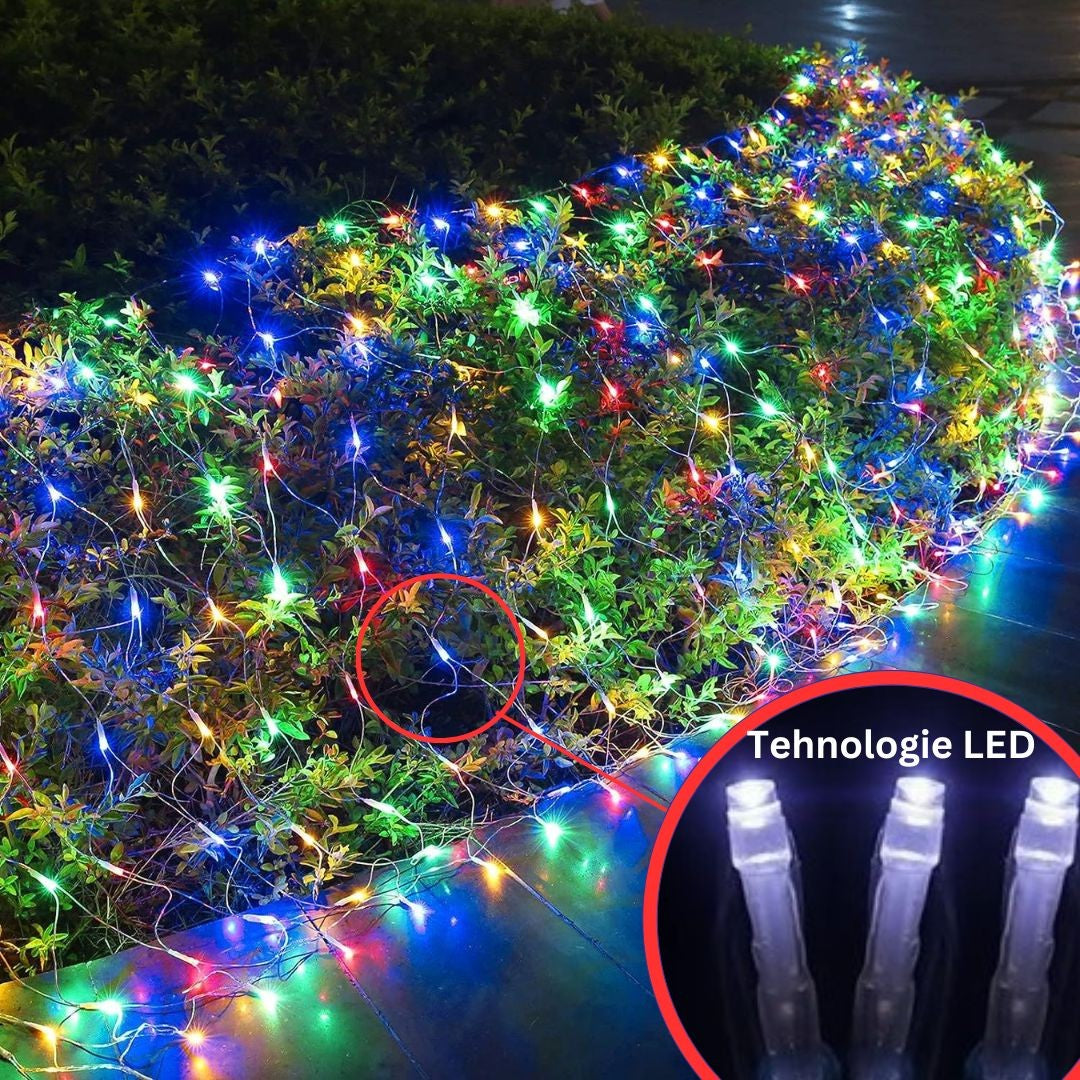 Instalatie Craciun, Tip Plasa, 1.5 m x 1.5 m, 120 LED-uri, Prelungitor 1.5 m, 8 Jocuri de Lumini, Interconectabila, Fir transparent, Interior/Exterior, Multicolor