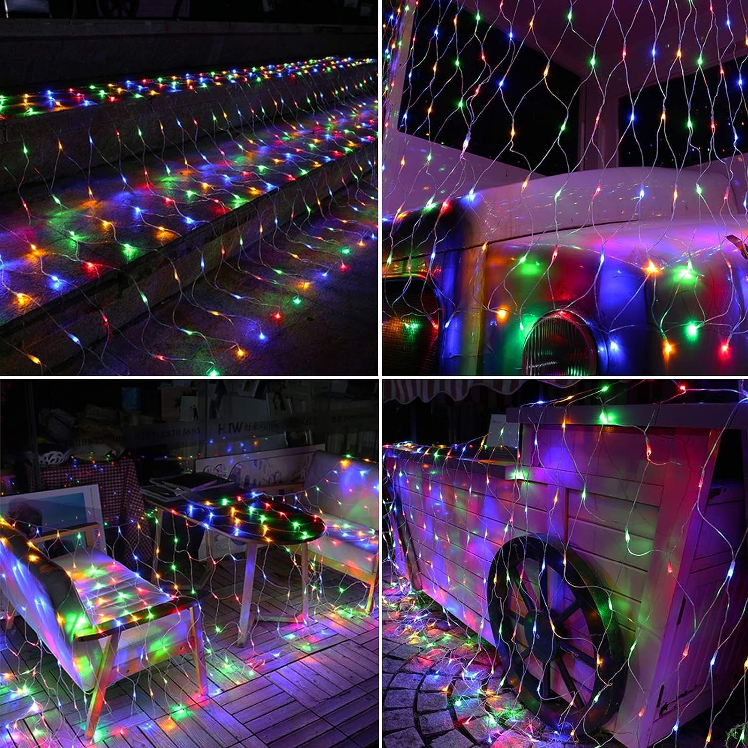 Instalatie Craciun, Tip Plasa, 1.5 m x 1.5 m, 120 LED-uri, Prelungitor 1.5 m, 8 Jocuri de Lumini, Interconectabila, Fir transparent, Interior/Exterior, Multicolor