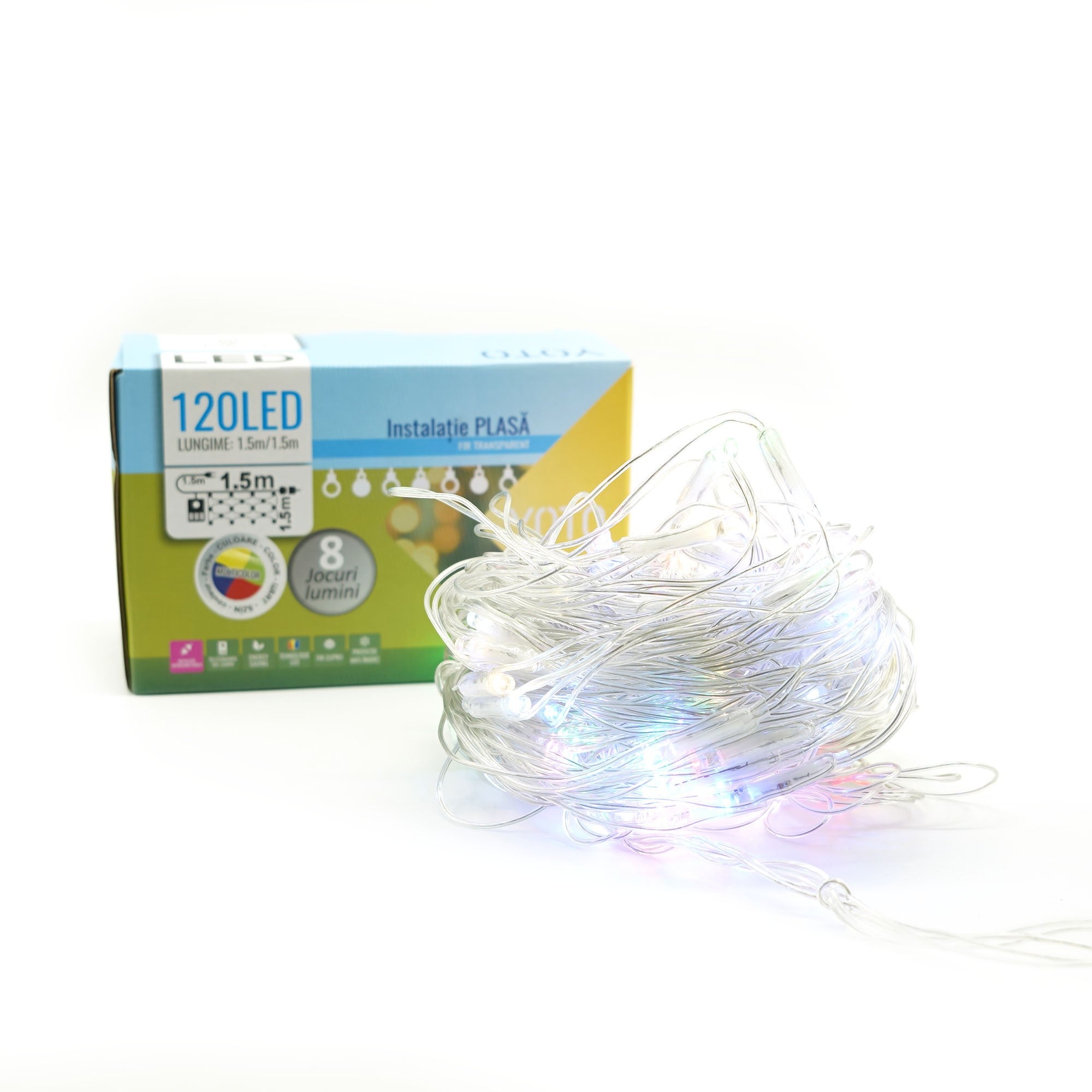 Instalatie Craciun, Tip Plasa, 1.5 m x 1.5 m, 120 LED-uri, Prelungitor 1.5 m, 8 Jocuri de Lumini, Interconectabila, Fir transparent, Interior/Exterior, Multicolor