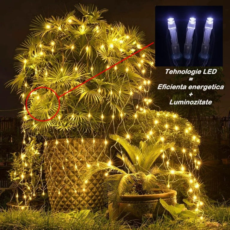 Instalatie Craciun, Tip Plasa, 1.5 m x 1.5 m, 120 LED-uri, Prelungitor 1.5 m, 8 Jocuri de Lumini, Interconectabila, Fir transparent, Interior/Exterior, Alb Cald