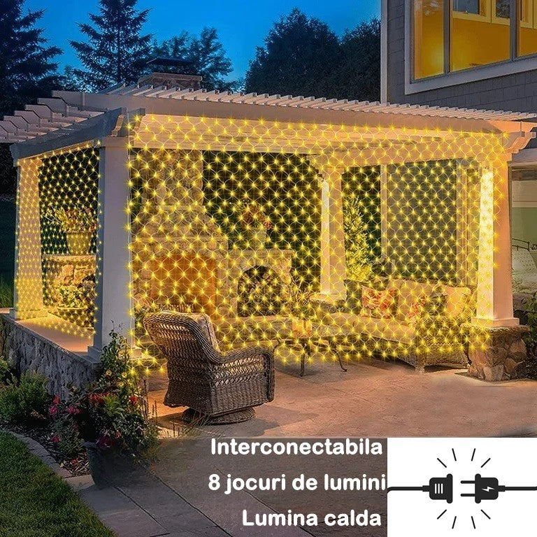Instalatie Craciun, Tip Plasa, 1.5 m x 1.5 m, 120 LED-uri, Prelungitor 1.5 m, 8 Jocuri de Lumini, Interconectabila, Fir transparent, Interior/Exterior, Alb Cald