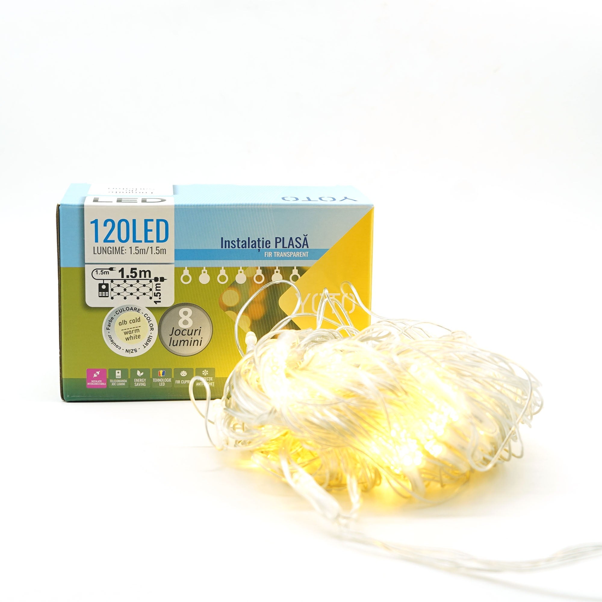 Instalatie Craciun, Tip Plasa, 1.5 m x 1.5 m, 120 LED-uri, Prelungitor 1.5 m, 8 Jocuri de Lumini, Interconectabila, Fir transparent, Interior/Exterior, Alb Cald