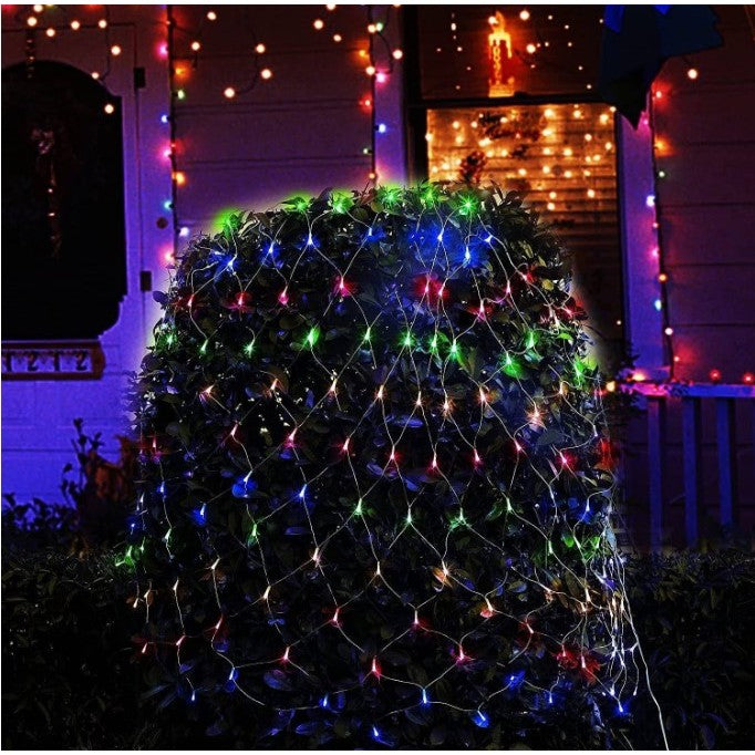 Instalatie Craciun, Tip Plasa, 1.5 m x 1.5 m, 120 LED-uri, Prelungitor 1.5 m, 8 Jocuri de Lumini, Interconectabila, Fir transparent, Interior/Exterior, Multicolor